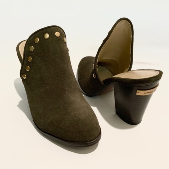 Michael Kors Louise Suede Mules Olive Studded Stacked Block Heel Slip On Clog - Picture 10 of 15